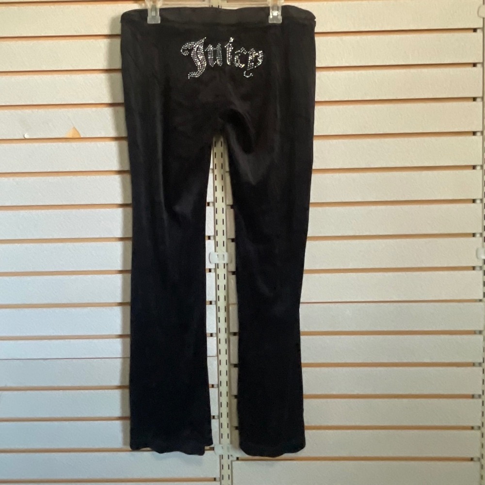 Juicy Couture Black Velour Rhinestone Flare Track Pants Large Y2K McBling Logo